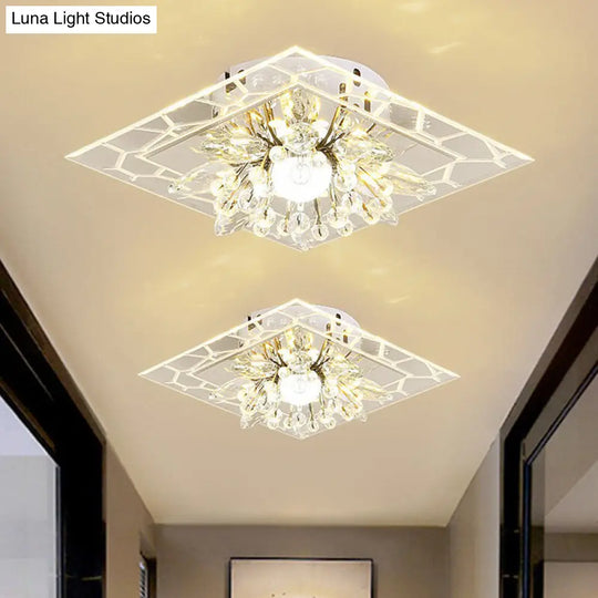 Modern Square Flush Led Ceiling Light Fixture With Clear Crystal - Ideal For Hallways / Warm