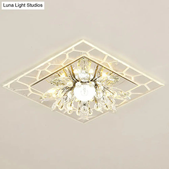 Modern Square Flush Led Ceiling Light Fixture With Clear Crystal - Ideal For Hallways