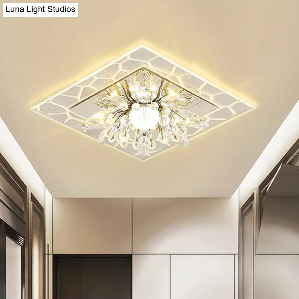 Modern Square Flush Led Ceiling Light Fixture With Clear Crystal - Ideal For Hallways