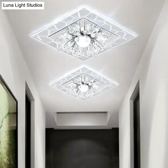 Modern Square Flush Led Ceiling Light Fixture With Clear Crystal - Ideal For Hallways / White