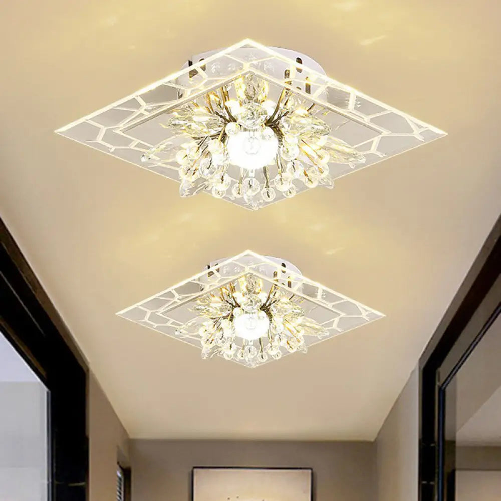 Modern Square Flush Led Ceiling Light Fixture With Clear Crystal - Ideal For Hallways / Warm