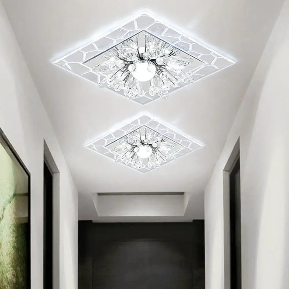 Modern Square Flush Led Ceiling Light Fixture With Clear Crystal - Ideal For Hallways / White