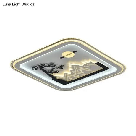 Modern Square Flushmount Led Lamp With Tree Pattern In White - Bedroom Fixture
