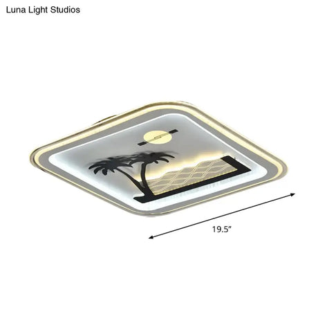 Modern Square Flushmount Led Lamp With Tree Pattern In White - Bedroom Fixture
