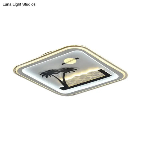 Modern Square Flushmount Led Lamp With Tree Pattern In White - Bedroom Fixture
