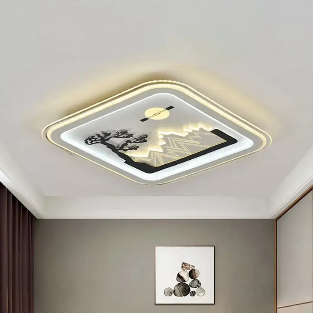 Modern Square Flushmount Led Lamp With Tree Pattern In White - Bedroom Fixture / A