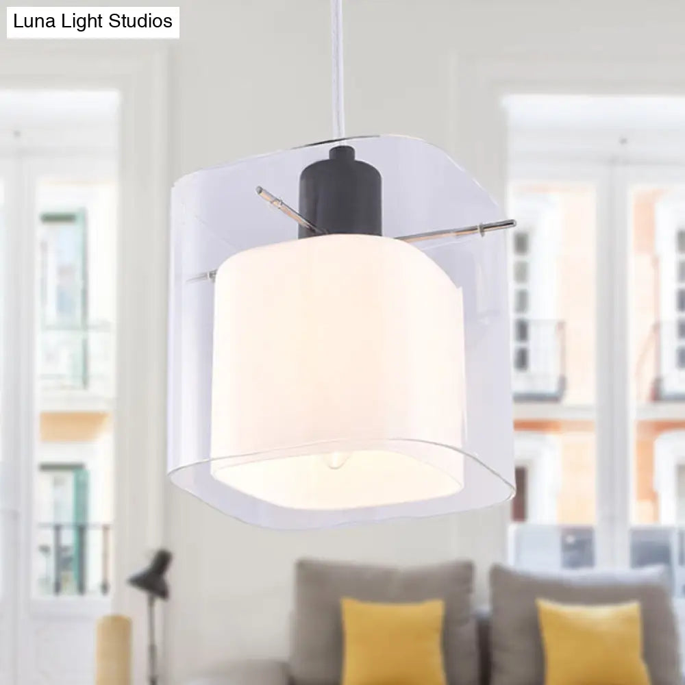 Modern Square Hanging Light Fixture With Clear And White Glass 1 Head Black Pendant Ceiling