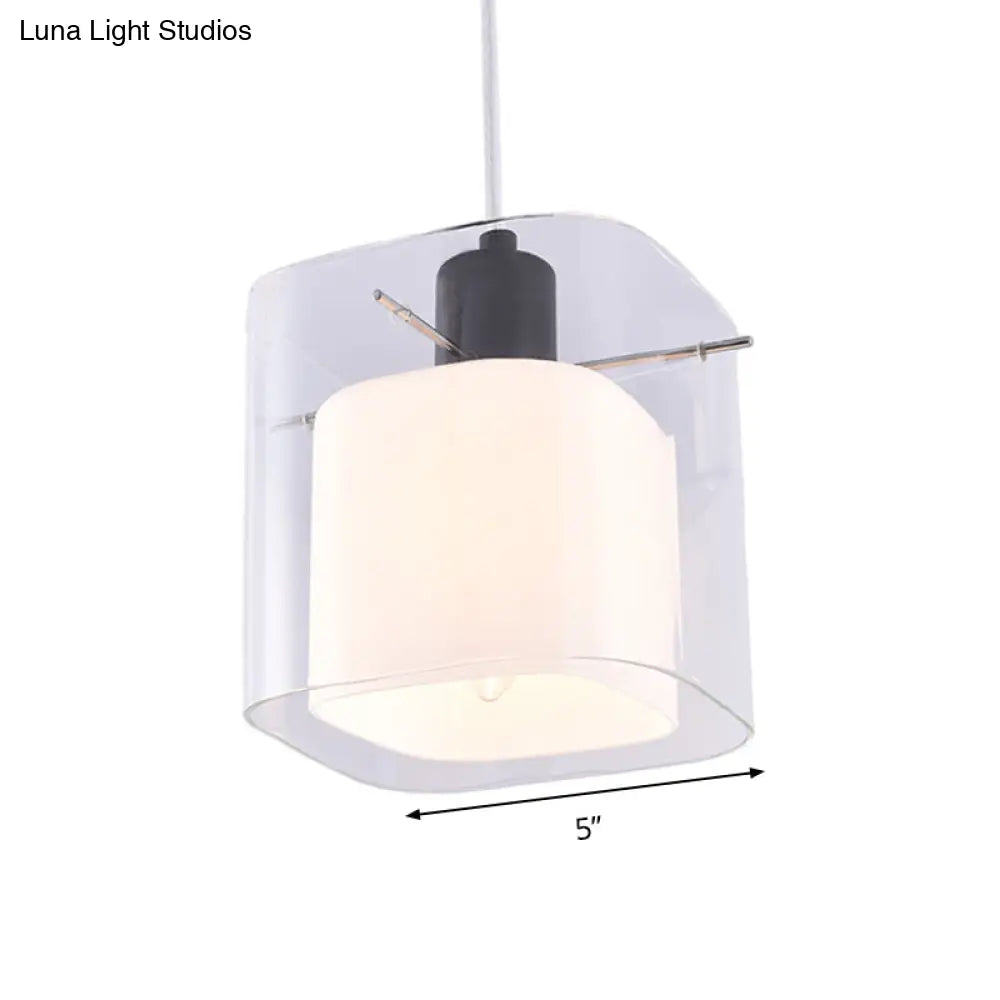 Modern Square Hanging Black Pendant Light Fixture With Clear And White Glass