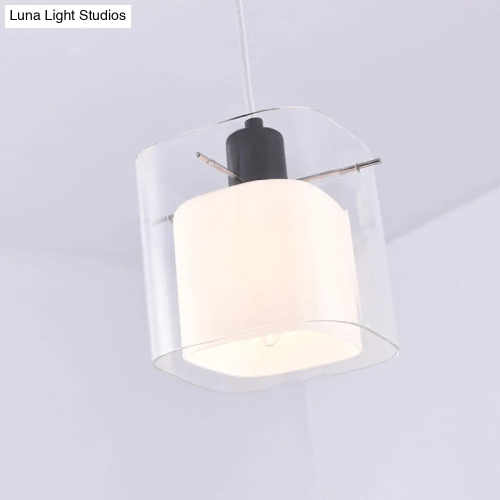 Modern Square Hanging Black Pendant Light Fixture With Clear And White Glass