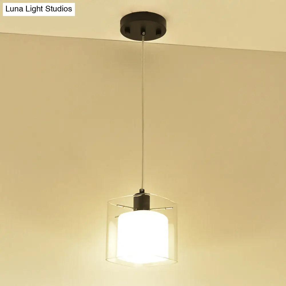 Modern Square Hanging Light Fixture With Clear And White Glass 1 Head Black Pendant Ceiling