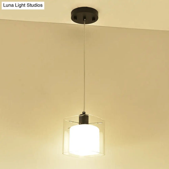 Modern Square Hanging Light Fixture With Clear And White Glass 1 Head Black Pendant Ceiling