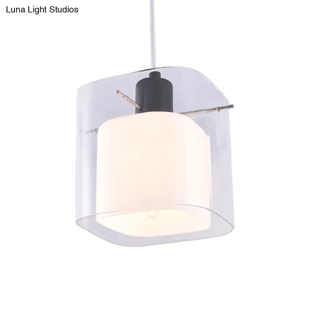 Modern Square Hanging Black Pendant Light Fixture With Clear And White Glass