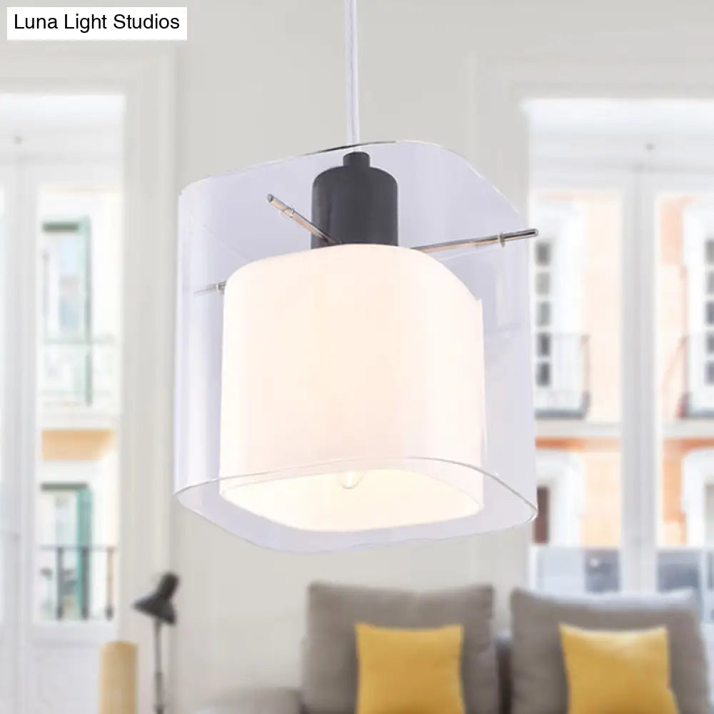 Modern Square Hanging Black Pendant Light Fixture With Clear And White Glass