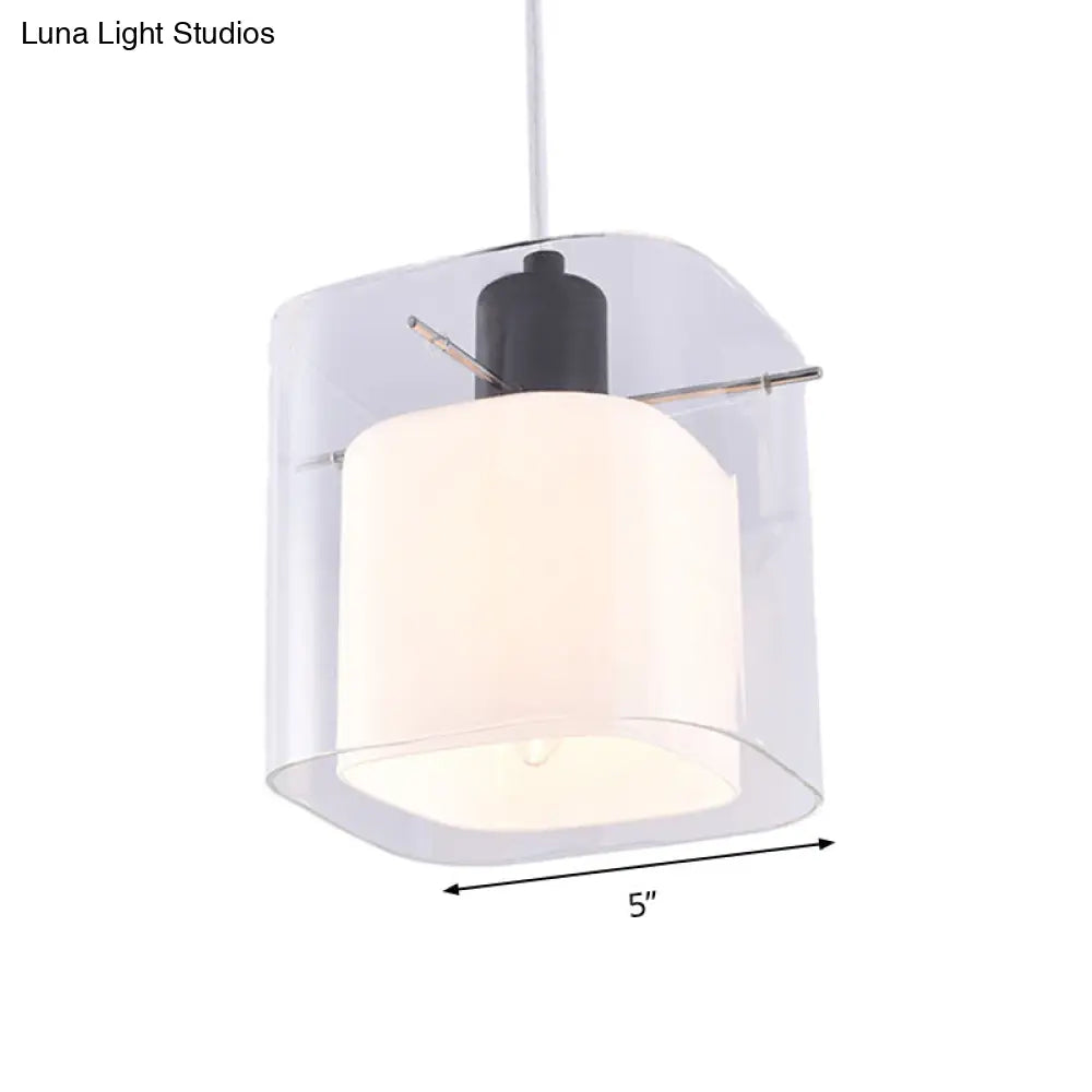 Modern Square Hanging Light Fixture With Clear And White Glass 1 Head Black Pendant Ceiling