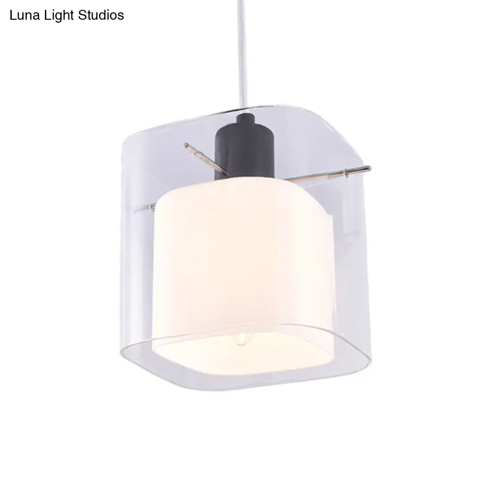 Modern Square Hanging Light Fixture With Clear And White Glass 1 Head Black Pendant Ceiling