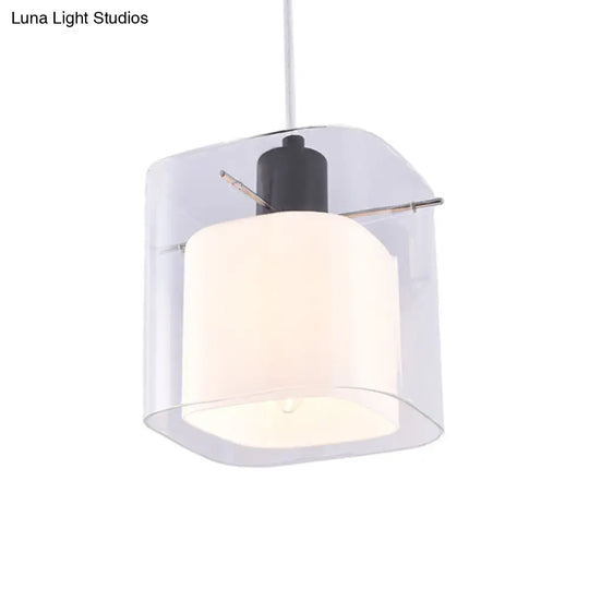 Modern Square Hanging Light Fixture With Clear And White Glass 1 Head Black Pendant Ceiling