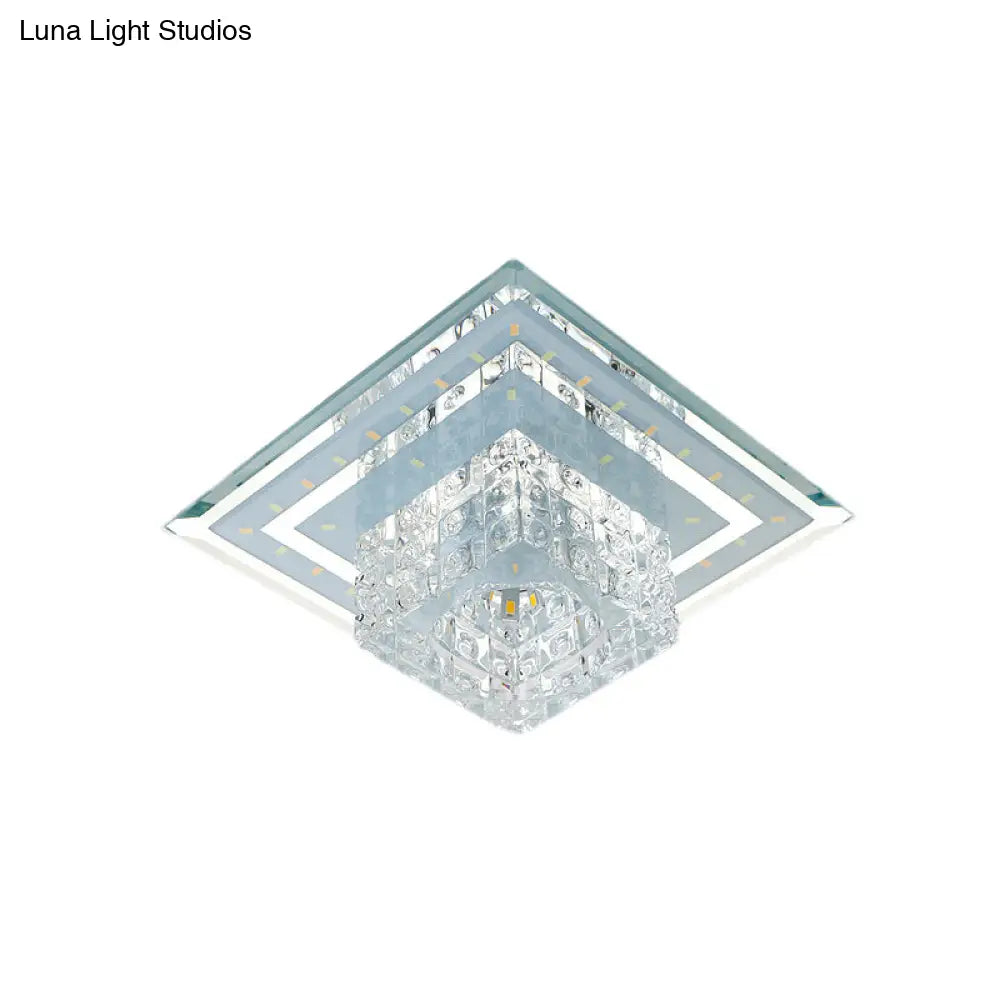 Modern Square Led Ceiling Flush Mount - Clear Faceted Crystal Light Fixture In Warm/White/Multi