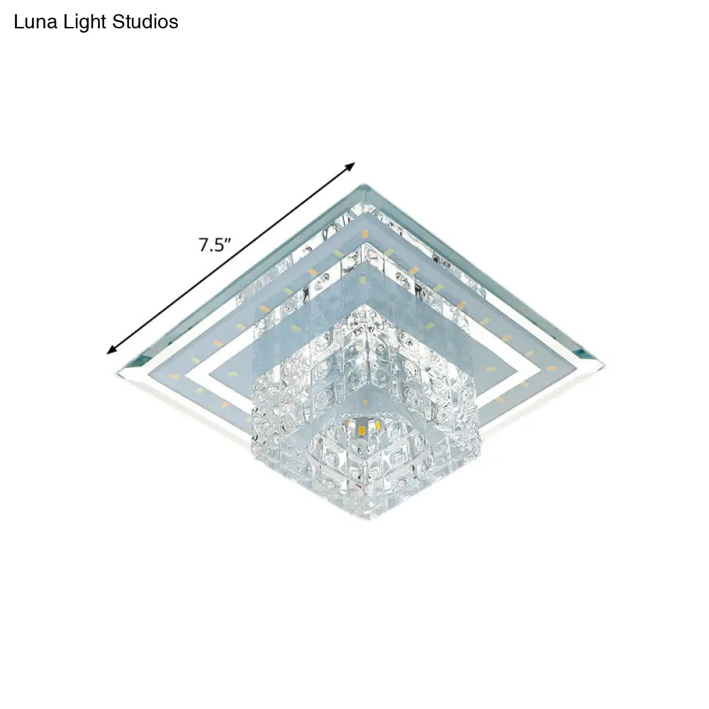 Modern Square Led Ceiling Flush Mount - Clear Faceted Crystal Light Fixture In Warm/White/Multi