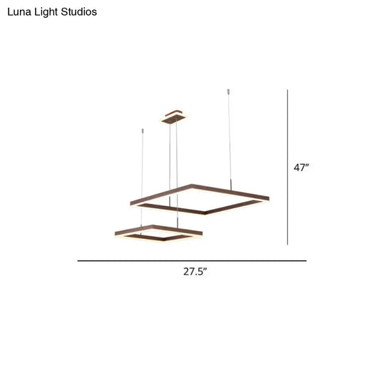 Simple Coffee Finish Chandelier: 2-Light Aluminum Square Led Ceiling Light For Dining Room / 27.5