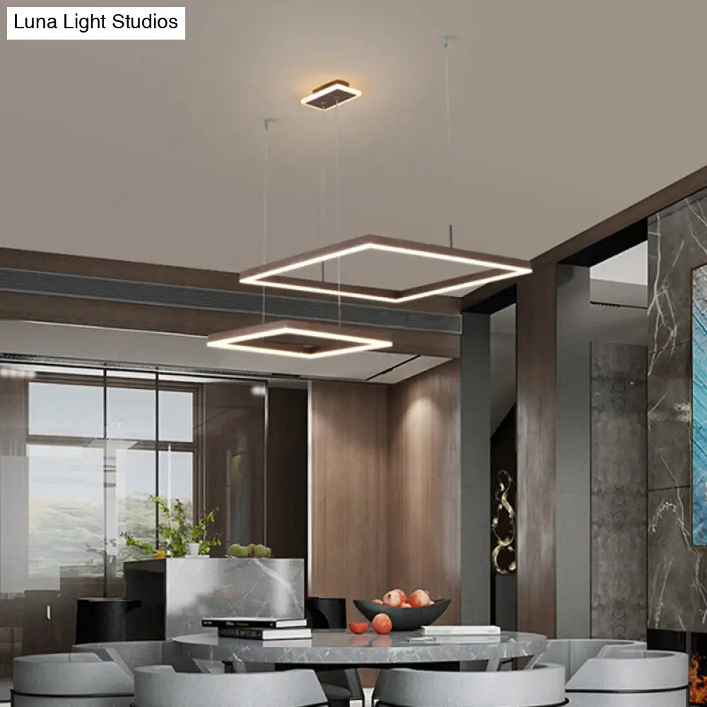 Simple Coffee Finish Chandelier: 2-Light Aluminum Square Led Ceiling Light For Dining Room