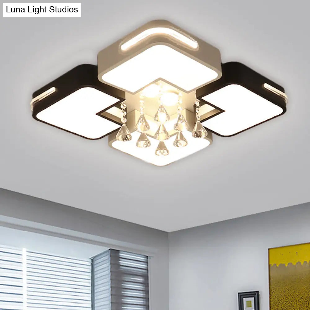 Modern Square Led Flushmount Light Fixture With Crystal Drop And Warm/White Lighting In Black White