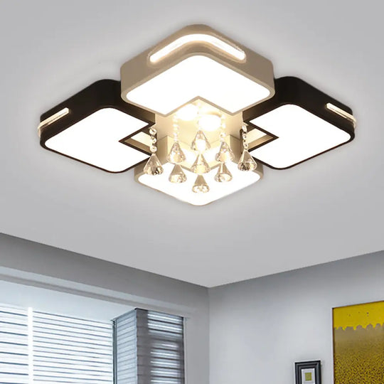 Modern Square Led Flushmount Light Fixture With Crystal Drop And Warm/White Lighting In Black White