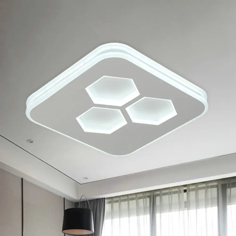 Modern Square Led White Flush Mount Ceiling Light With Acrylic Cover And Hexagon Design