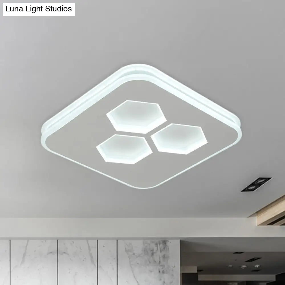 Modern Square Led White Flush Mount Ceiling Light With Acrylic Cover And Hexagon Design