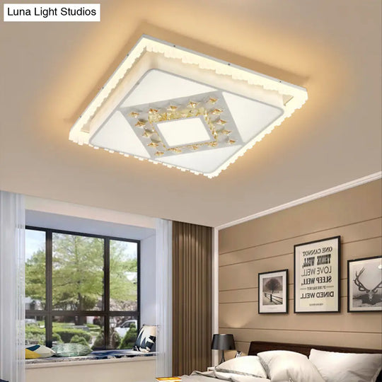 Modern Square/Rectangle Flush Crystal Led Ceiling Light In White For Living Room / Square