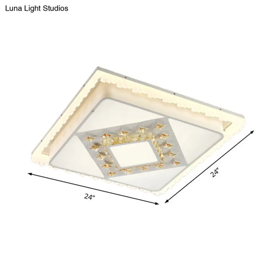 Modern Square/Rectangle Flush Crystal Led Ceiling Light In White For Living Room