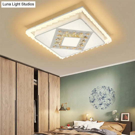 Modern Square/Rectangle Flush Crystal Led Ceiling Light In White For Living Room