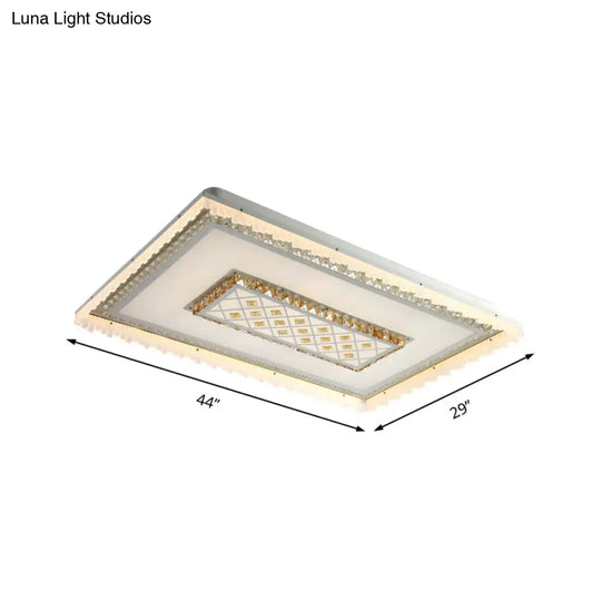 Modern Square/Rectangle Flush Crystal Led Ceiling Light In White For Living Room