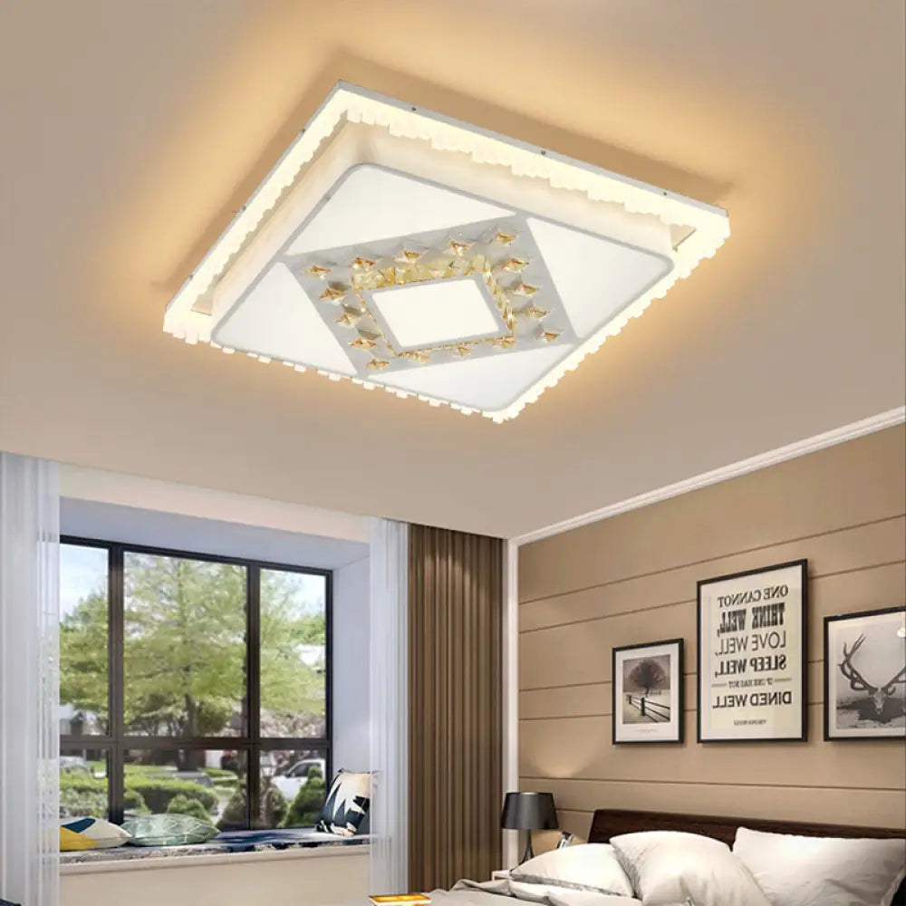 Modern Square/Rectangle Flush Crystal Led Ceiling Light In White For Living Room / Square