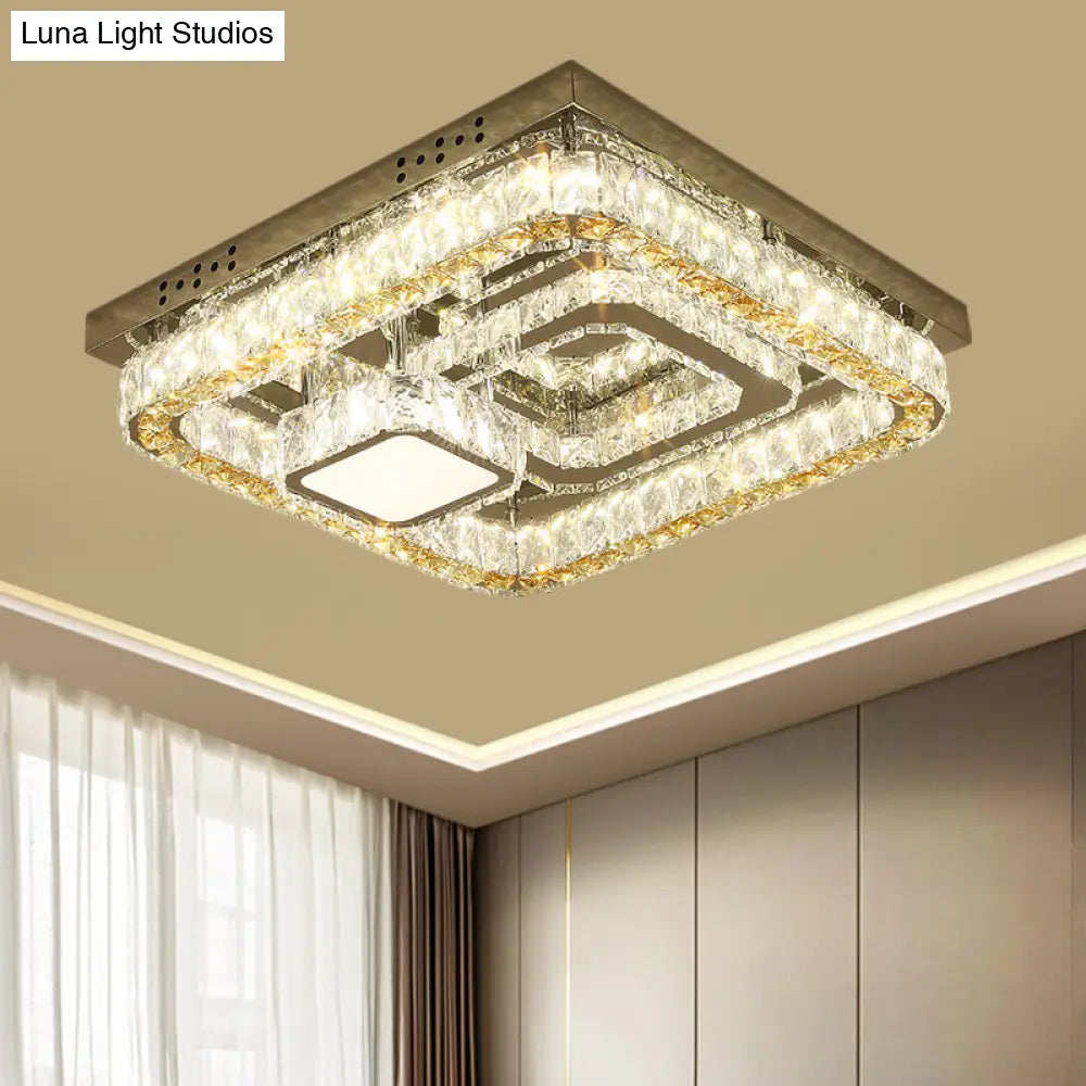 Modern Square Stainless-Steel Led Ceiling Light With Clear Cut Crystal Blocks For Bedroom
