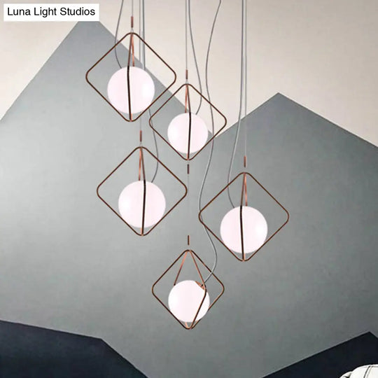 Modern White Square Suspension Light With Orb Shade - Metal & Glass Pendant For Living Room / 10