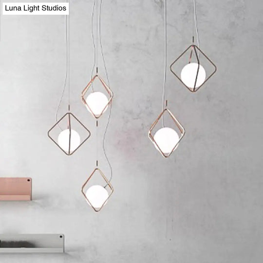 Modern White Square Suspension Light With Orb Shade - Metal & Glass Pendant For Living Room