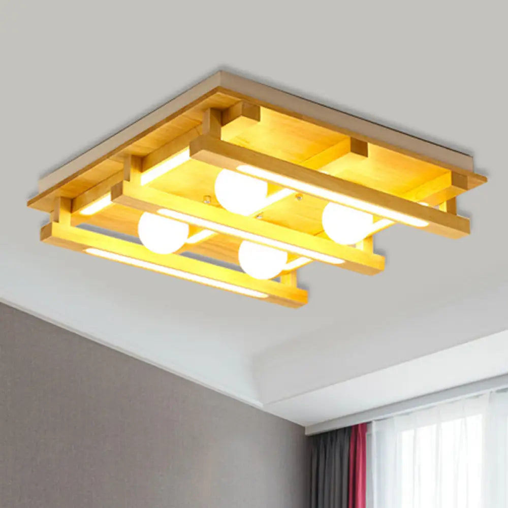 Modern Square Wood Flush Mount Lamp With Led Lights - Brown Ceiling Light Fixture White Glass Ball