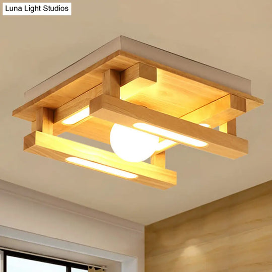 Modern Square Wood Flush Mount Lamp With Led Lights - Brown Ceiling Light Fixture White Glass Ball