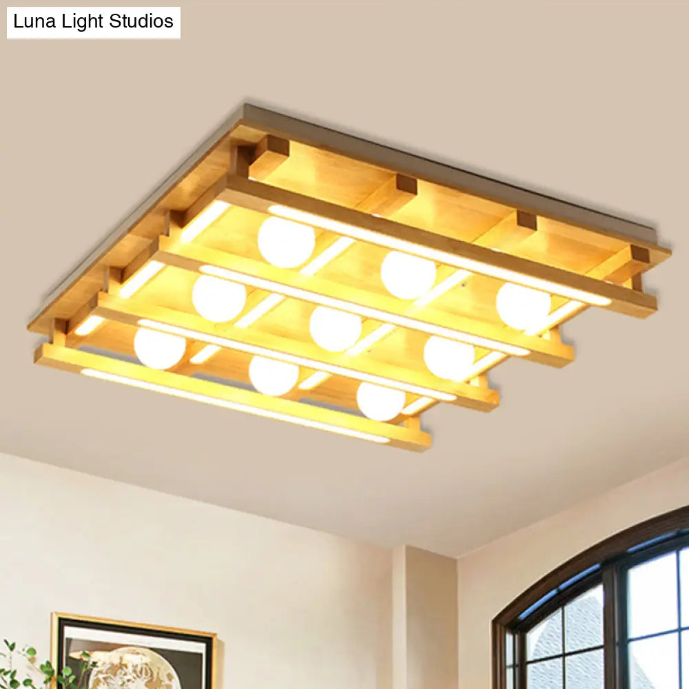 Modern Square Wood Flush Mount Lamp With Led Lights - Brown Ceiling Light Fixture White Glass Ball