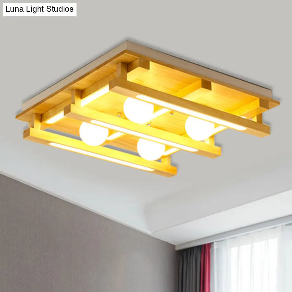 Modern Square Wood Flush Mount Lamp With Led Lights - Brown Ceiling Light Fixture White Glass Ball