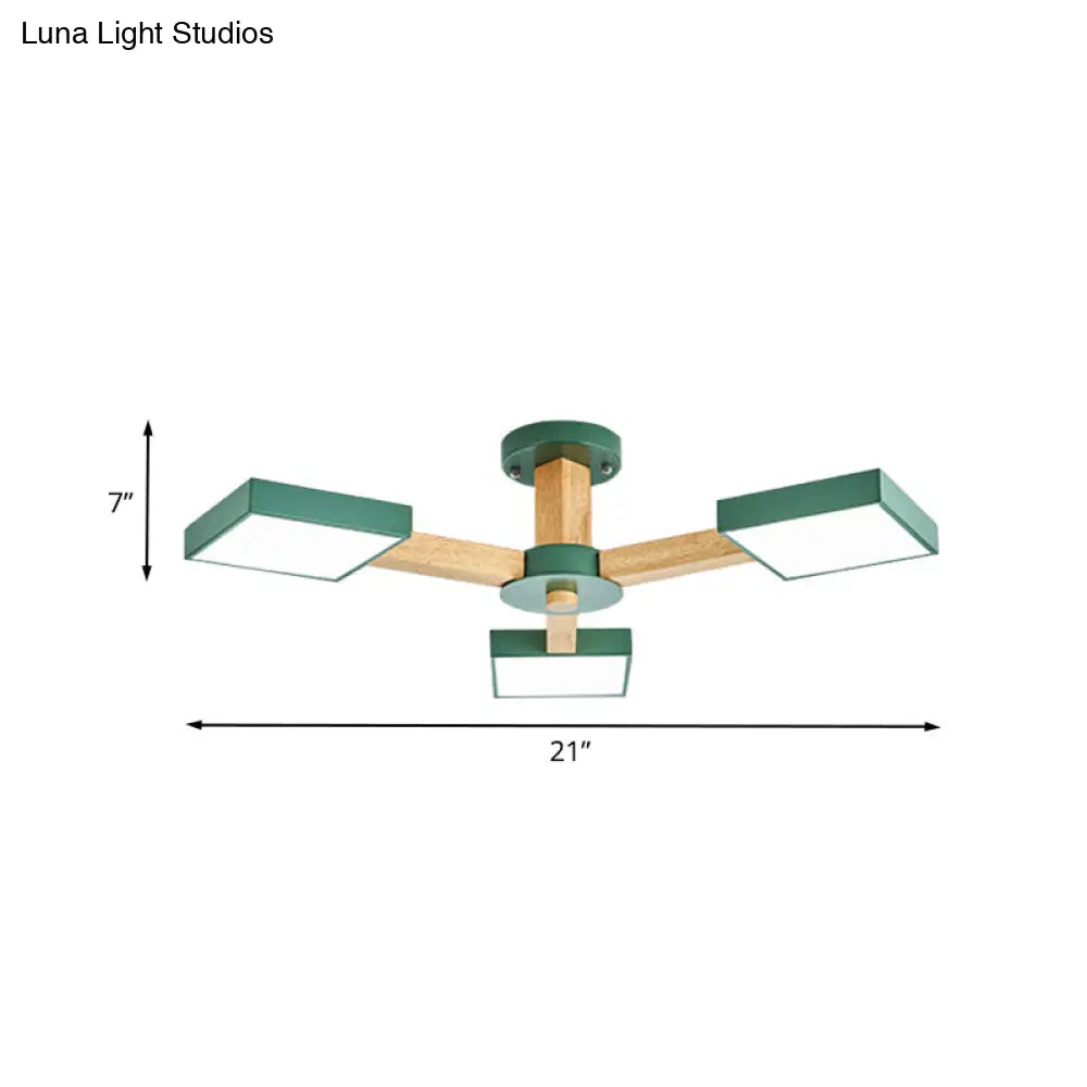 Modern Square Wood Semi Flush Mount Ceiling Lamp With 3 Radial Green Finish Lights