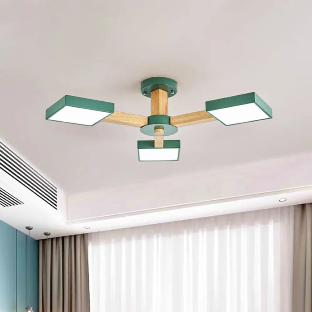 Modern Square Wood Semi Flush Mount Ceiling Lamp With 3 Radial Green Finish Lights