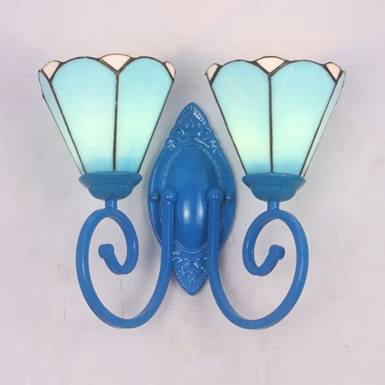 Modern Stained Glass Cone Sconce Lighting - Blue Finish 2 Lights Wall Fixture