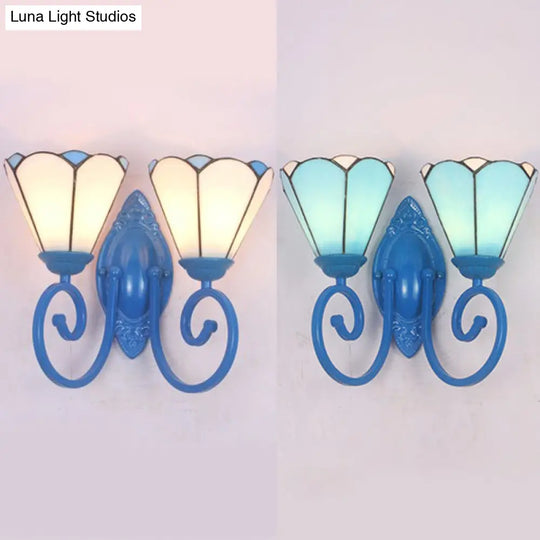 Modern Stained Glass Cone Sconce Lighting - Blue Finish 2 Lights Wall Fixture