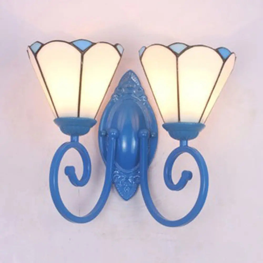 Modern Stained Glass Cone Sconce Lighting - Blue Finish 2 Lights Wall Fixture White