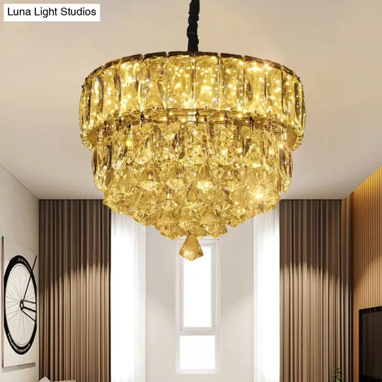 Modern Crystal Led Hanging Light Fixture With Stainless Steel Tiers