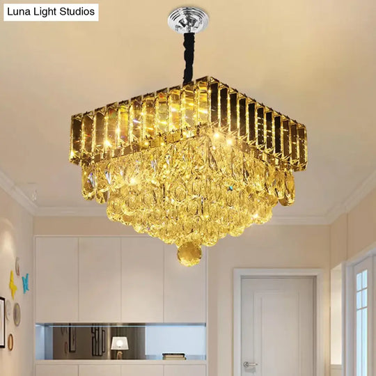 Modern Crystal Led Hanging Light Fixture With Stainless Steel Tiers Stainless-Steel / Square Plate