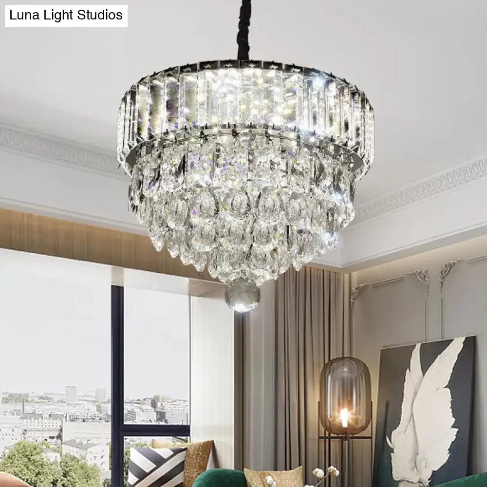 Modern Stainless Steel Crystal Led Pendant Light - Beveled Cut Round/Square Tiers