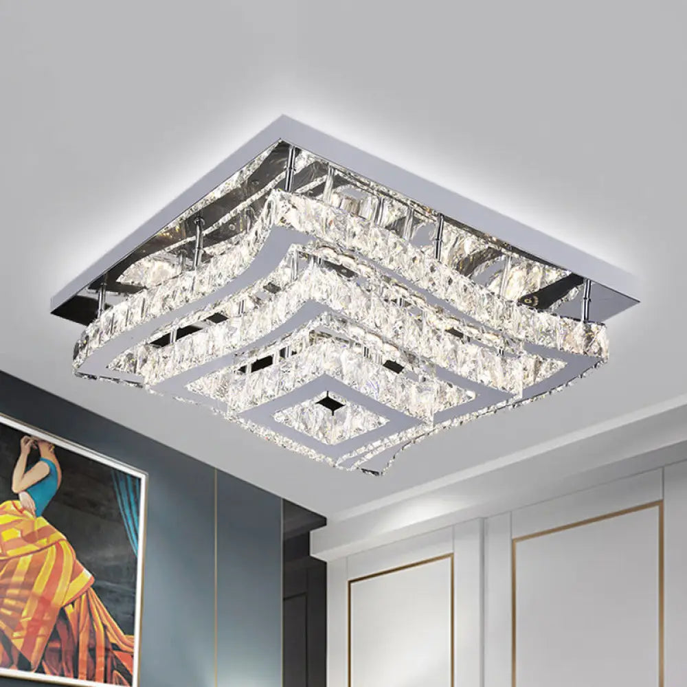Modern Stainless Steel Crystal Led Semi - Flush Ceiling Light With Wavy Tiers Stainless - Steel