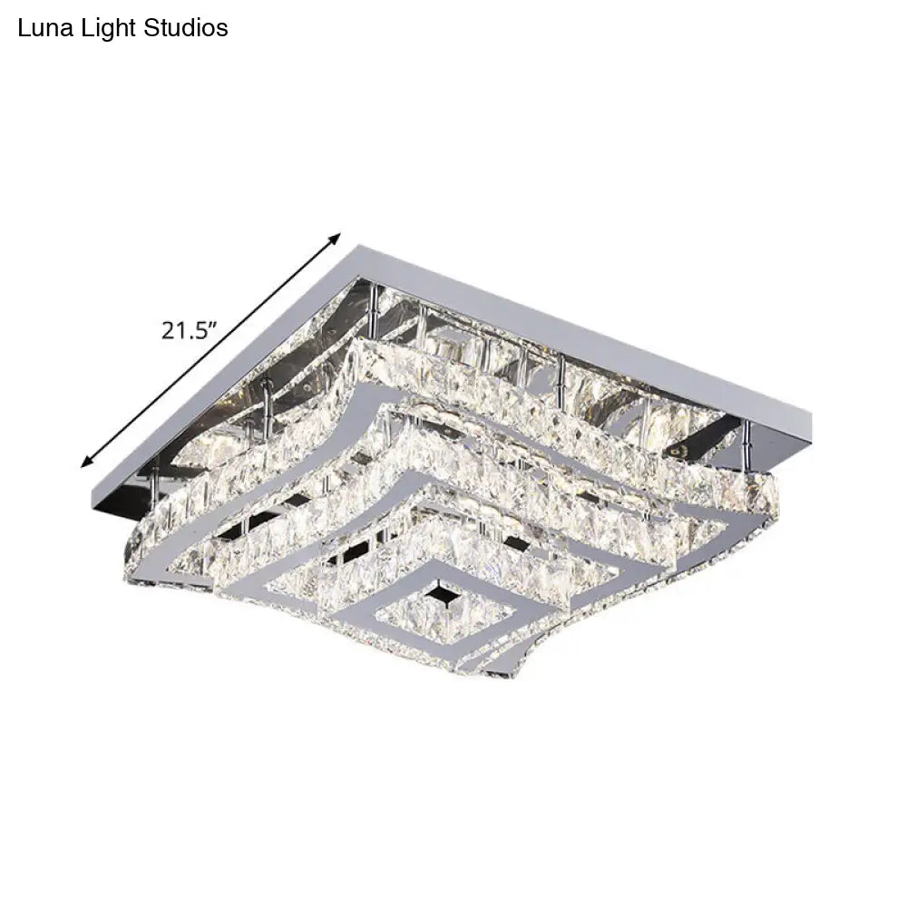 Modern Stainless Steel Crystal Led Semi-Flush Ceiling Light With Wavy Tiers
